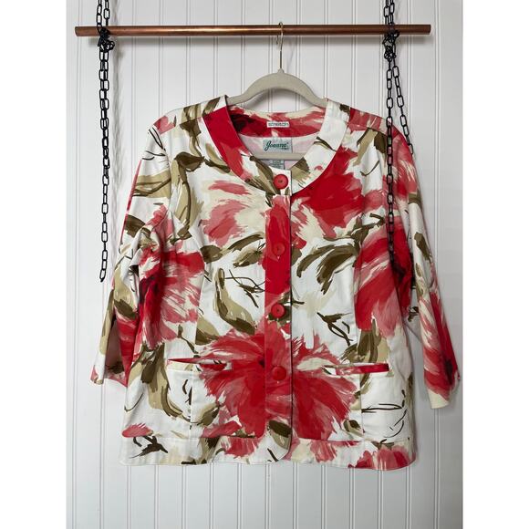 Joanna White & Red Floral Blazer 3/4 Sleeve Stretch Cotton Blend Size L - Picture 1 of 8